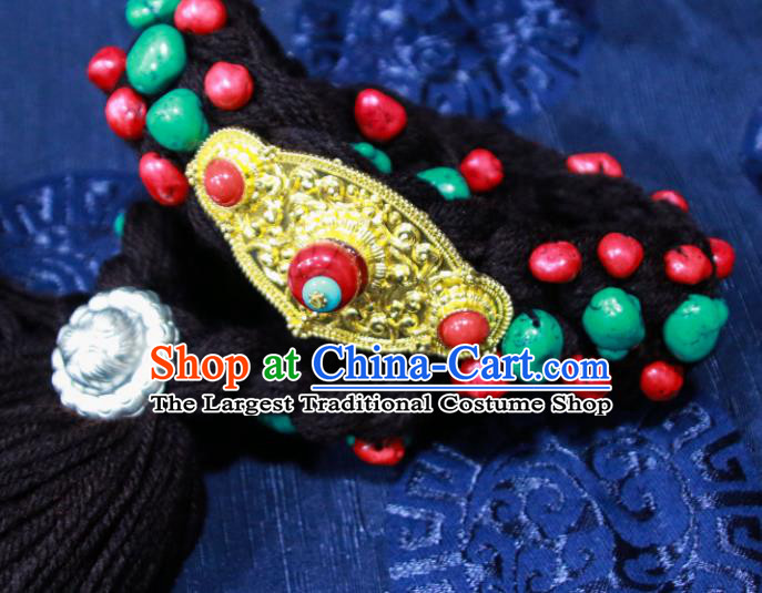 Chinese Traditional Ethnic Tibetan Hair Accessories Zang Nationality National Black Woolen Yarn Hair Clasp for Women
