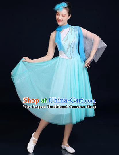 Traditional Chinese Spring Festival Gala Dance Blue Veil Dress Chorus Modern Dance Costume for Women