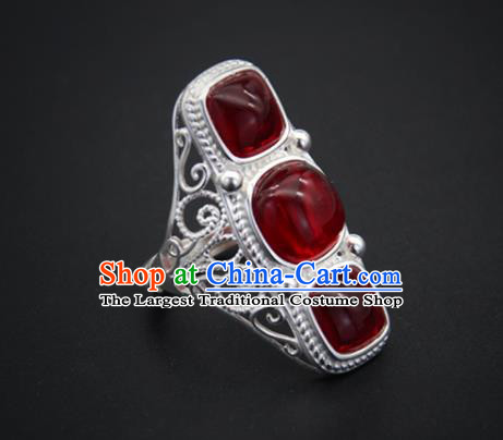 Chinese Traditional Mongolian Ethnic Rings Accessories Handmade Mongol Nationality Agate Finger Ring for Women