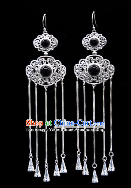 Chinese Traditional Ethnic Ear Accessories Handmade Mongol Nationality Black Stone Tassel Earrings for Women