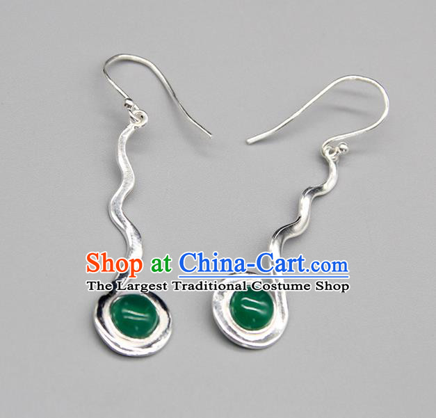 Chinese Traditional Mongolion Ethnic Green Agate Sliver Ear Accessories Mongol Nationality Handmade Earrings for Women