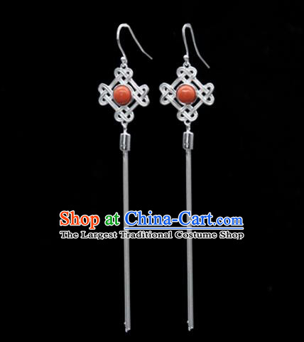 Traditional Chinese Mongolian Ethnic Coral Stone Earring Mongol Nationality Sliver Ear Accessories for Women