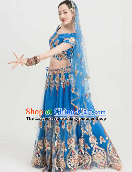 Asian India Sari Traditional Bollywood Costumes South Asia Indian Belly Dance Blue Dress for Women