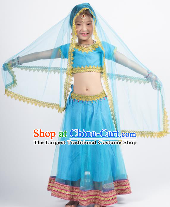 Asian India Blue Sari Traditional Bollywood Costumes South Asia Indian Princess Belly Dance Dress for Kids