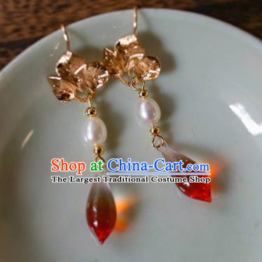 Traditional Chinese Hanfu Accessories Ancient Princess Pearls Red Crystal Earrings for Women