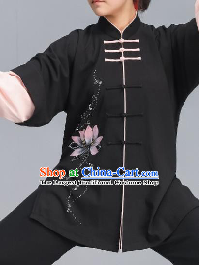 Asian Chinese Martial Arts Wushu Costume Traditional Tai Ji Kung Fu Training Printing Lotus Black Uniform for Women