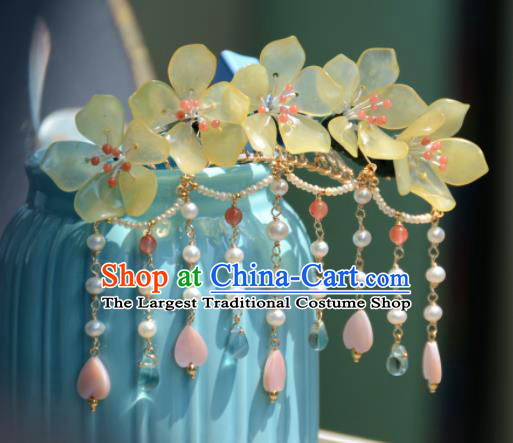 Traditional Chinese Hanfu Hair Accessories Ancient Princess Yellow Flowers Hair Crown Tassel Hairpins for Women