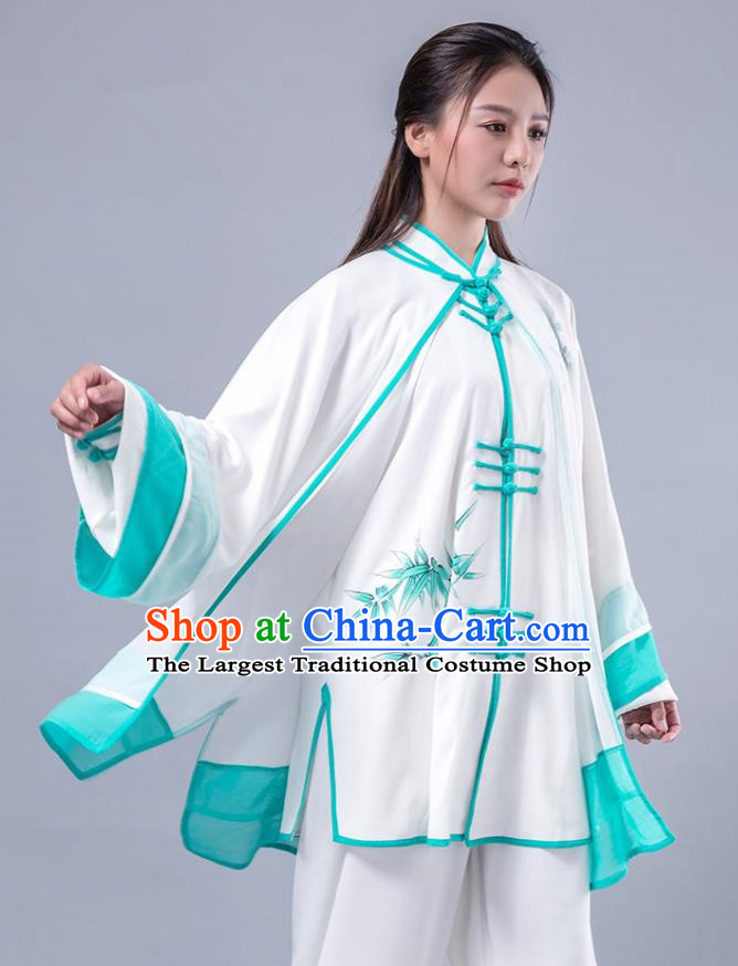 Asian Chinese Martial Arts Traditional Kung Fu Costume Tai Ji Training Group Competition Printing Bamboo Green Uniform for Women