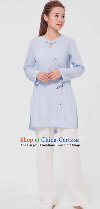 Asian Chinese Martial Arts Traditional Kung Fu Costume Tai Ji Training Ink Painting Lotus Blue Blouse for Women