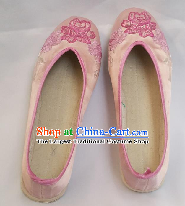 Chinese Ancient Princess Shoes Traditional Cloth Shoes Hanfu Shoes Pink Embroidered Peony Shoes for Women