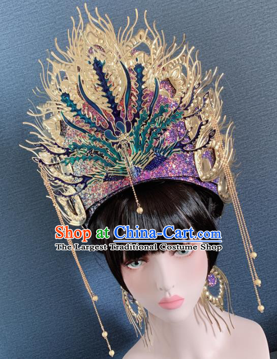 Chinese Handmade Purple Crystal Phoenix Hat Hair Accessories Halloween Modern Fancywork Headwear for Women