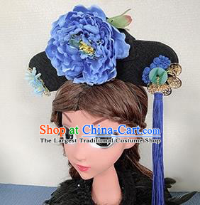 Chinese Handmade Qing Dynasty Blue Peony Hair Accessories Ancient Palace Princess Hair Clasp for Women
