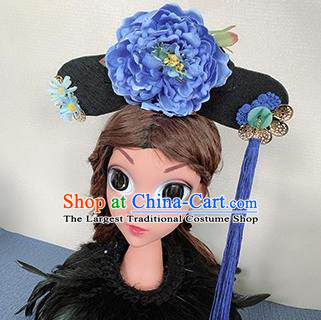 Chinese Handmade Qing Dynasty Blue Peony Hair Accessories Ancient Palace Princess Hair Clasp for Women