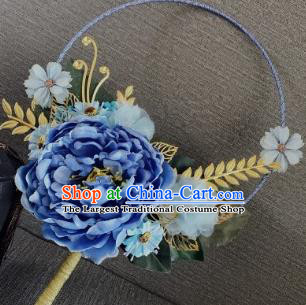 Chinese Traditional Wedding Palace Fans Ancient Bride Blue Peony Phoenix Round Fans for Women