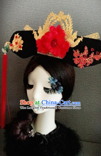 Traditional Chinese Ancient Palace Red Peony Hair Accessories Qing Dynasty Queen Headwear for Women