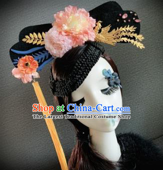 Traditional Chinese Qing Dynasty Queen Pink Peony Headwear Ancient Palace Phoenix Hair Accessories for Women