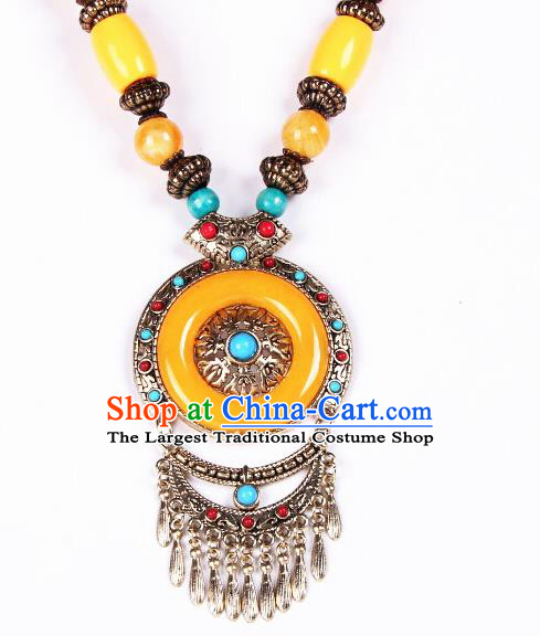 Handmade Chinese Zang Nationality Yellow Necklace Traditional Ethnic Necklet Accessories for Women