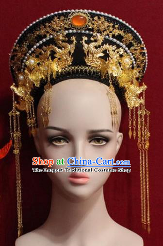Chinese Ancient Manchu Empress Headwear Golden Phoenix Tassel Hat Traditional Qing Dynasty Queen Hair Accessories for Women