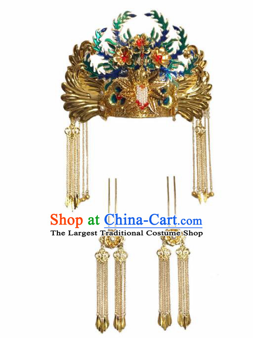 Chinese Ancient Imperial Consort Blueing Phoenix Coronet Headwear Traditional Tang Dynasty Queen Hair Accessories for Women
