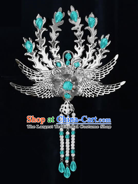 Chinese Ancient Princess Tassel Hair Clip Blue Crystal Phoenix Hairpins Traditional Palace Hanfu Hair Accessories for Women
