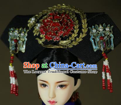 Chinese Ancient Cloisonne Red Peony Headwear Traditional Qing Dynasty Palace Manchu Imperial Consort Hair Accessories for Women