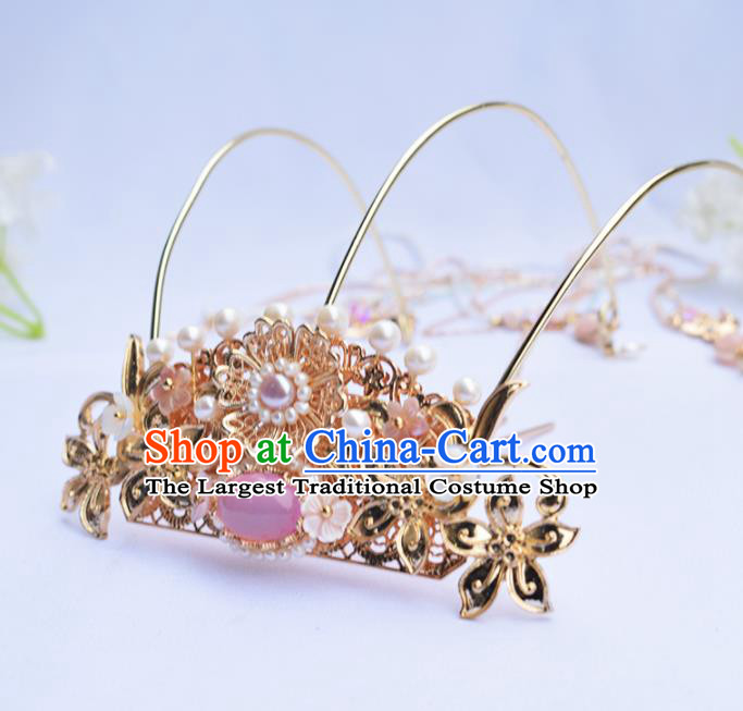 Chinese Ancient Princess Hairpins Rose Chalcedony Tassel Phoenix Coronet Traditional Hanfu Hair Accessories for Women