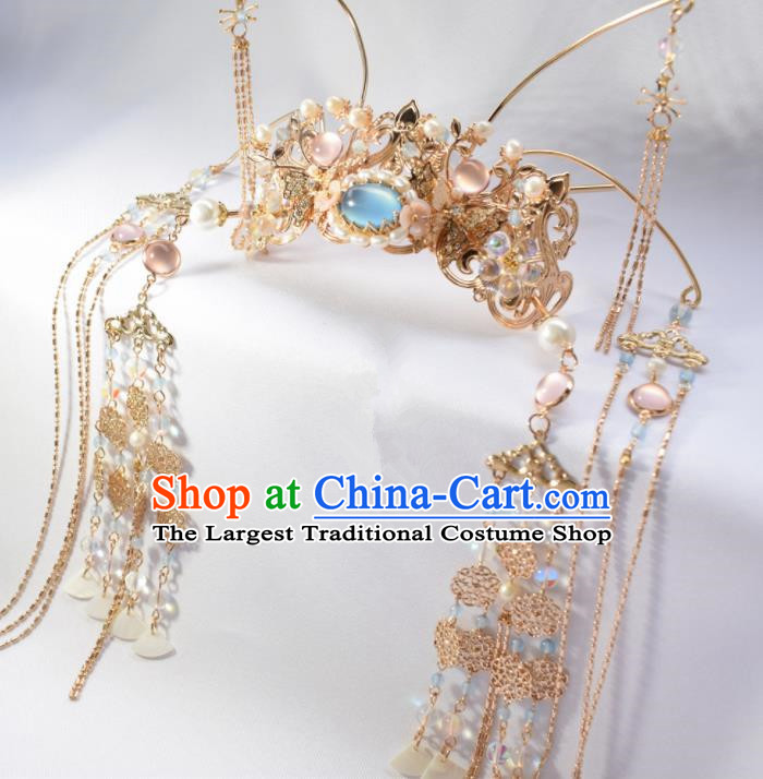 Chinese Ancient Princess Palace Blue Tassel Hair Crown Hairpins Traditional Handmade Hanfu Hair Accessories for Women