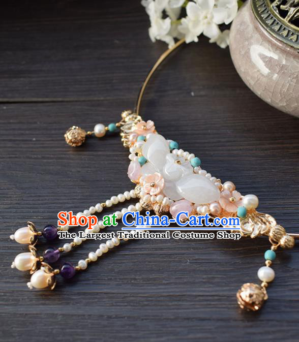 Handmade Chinese Hanfu Jade Necklace Traditional Ancient Princess Tassel Necklet Accessories for Women