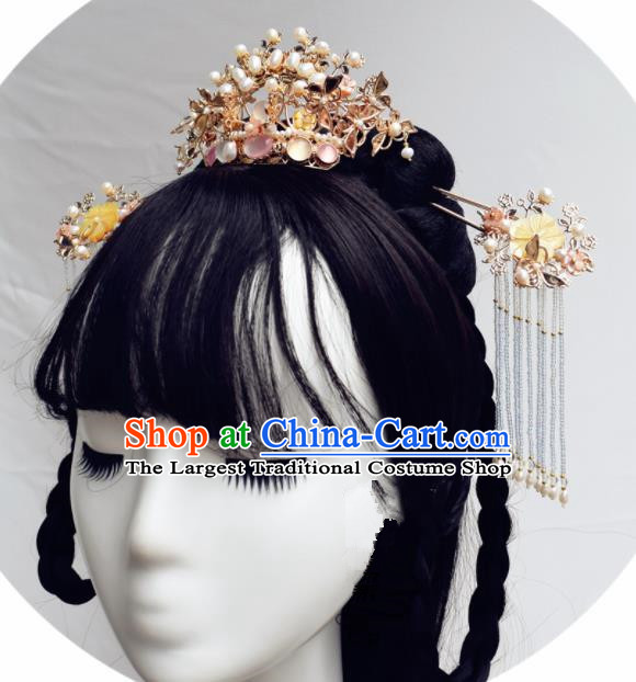 Chinese Ancient Princess Palace Pearls Hair Crown Tassel Hairpins Traditional Handmade Hanfu Hair Accessories for Women