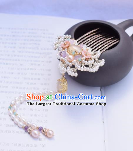 Chinese Ancient Princess Palace Pine Pearls Tassel Hair Comb Hairpins Traditional Handmade Hanfu Hair Accessories for Women