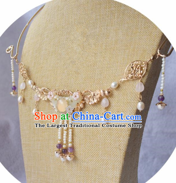 Handmade Chinese Hanfu Pearls Tassel Jade Necklace Traditional Ancient Princess Necklet Accessories for Women