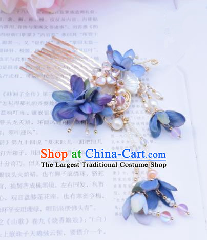 Chinese Ancient Princess Palace Blue Flowers Shell Hair Comb Hairpins Traditional Handmade Hanfu Hair Accessories for Women