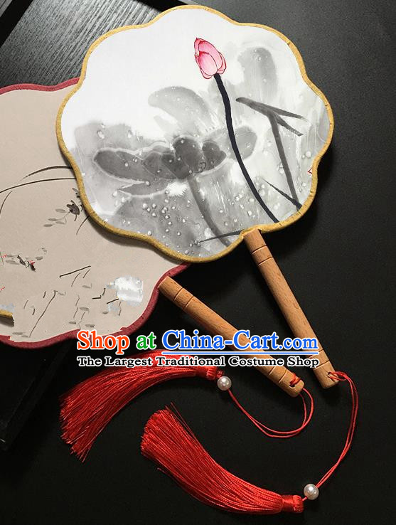 Chinese Handmade Classical Palace Fans Traditional Ink Painting Lotus Bud Hanfu Fan for Women