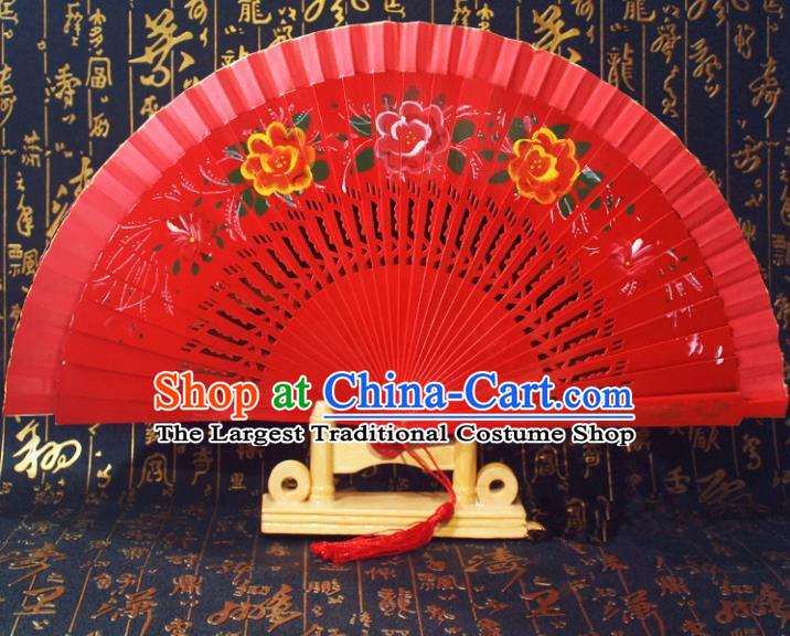 Chinese Handmade Classical Folding Fans Red Wood Hollow Out Accordion Fan for Women