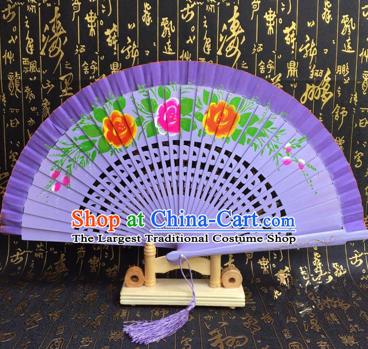 Chinese Handmade Classical Folding Fans Printing Flowers Wood Purple Accordion Fan for Women
