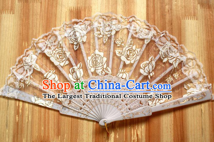 Chinese Handmade Folk Dance White Lace Rose Folding Fans Classical Accordion Fan for Women