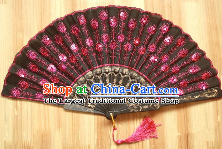 Chinese Handmade Classical Folding Fans Folk Dance Rosy Paillette Silk Accordion Fan for Women