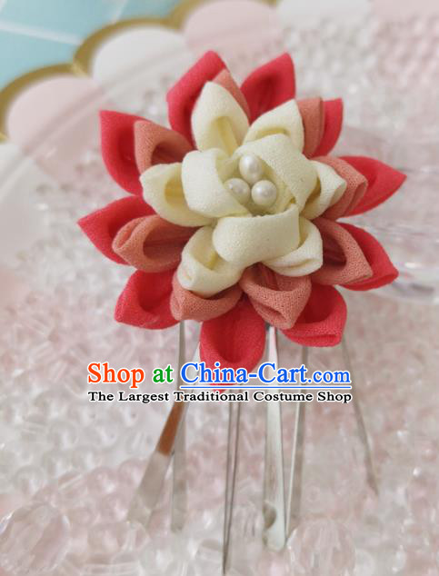 Japanese Handmade Kimono Hair Accessories Japan Traditional Yukata Red Silk Flowers Hairpins for Women