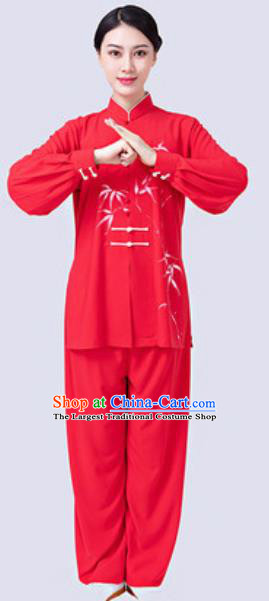 Chinese Traditional Tai Chi Printing Bamboo Red Costume Martial Arts Uniform Kung Fu Wushu Clothing for Women