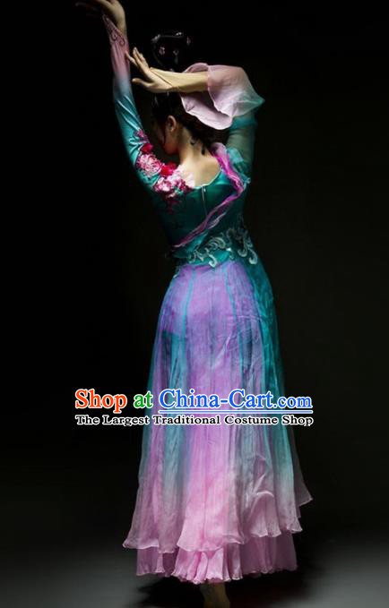 Chinese Classical Dance Lotus Dance Green Dress Traditional Umbrella Dance Stage Performance Costume for Women