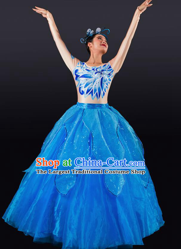 Chinese Spring Festival Gala Stage Performance Blue Veil Dress Traditional Modern Dance Opening Dance Costume for Women