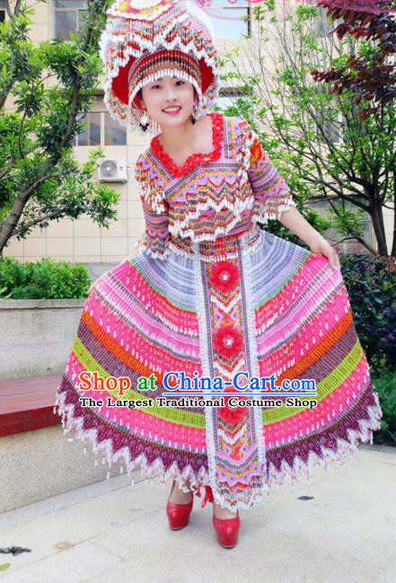Traditional Chinese Minority Ethnic Folk Dance Embroidery Dress Miao Nationality Stage Performance Costume and Hat for Women