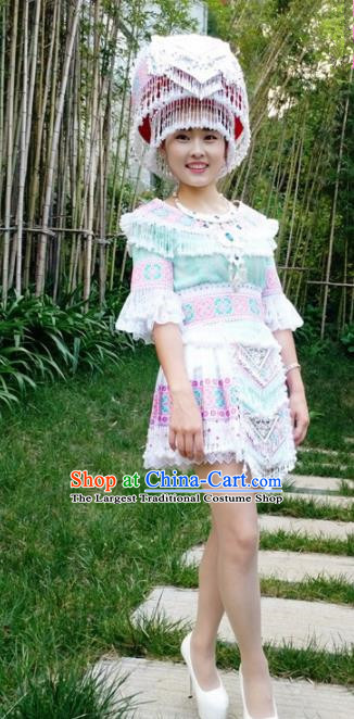 Traditional Chinese Miao Nationality Green Short Pleated Dress Minority Ethnic Folk Dance Costume and Hat for Women