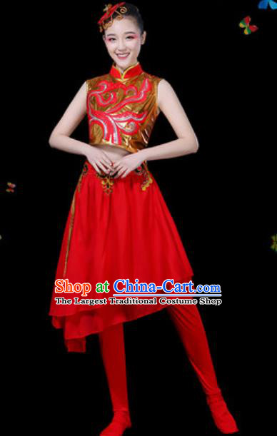 Traditional Chinese Yangko Group Dance Red Veil Dress Folk Dance Drum Dance Stage Performance Costume for Women