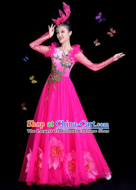 Traditional Chinese Modern Dance Rosy Dress Spring Festival Gala Opening Dance Stage Performance Costume for Women