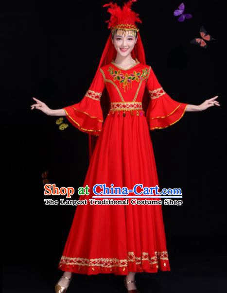 Traditional Chinese Minority Ethnic Red Dress Uyghur Nationality Dance Stage Performance Costume for Women