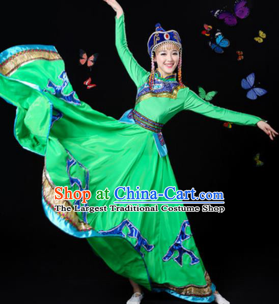 Traditional Chinese Minority Ethnic Green Dress Mongol Nationality Folk Dance Stage Performance Costume for Women