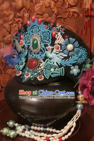 Traditional Chinese Qing Dynasty Palace Lady Cloisonne Hat Headwear Ancient Manchu Hair Accessories for Women