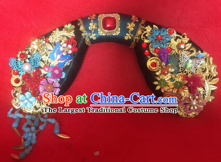 Traditional Chinese Qing Dynasty Imperial Consort Blue Beads Tassel Headwear Ancient Manchu Lady Hair Accessories for Women