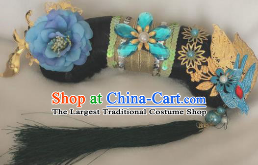 Traditional Chinese Qing Dynasty Imperial Consort Blue Peony Tassel Headwear Ancient Palace Manchu Hair Accessories for Women